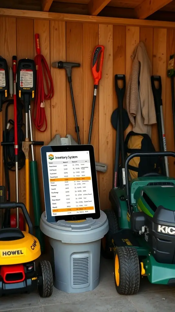 A well-organized shed with various lawn tools and a tablet displaying an inventory system.