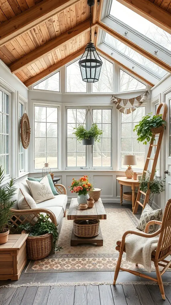 29+ Charming Vintage Sunroom Ideas for a Timeless Retreat 11 A cozy vintage sunroom with wooden beams, rattan furniture, and plants.
