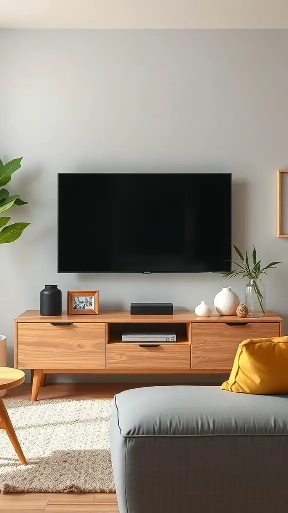 A modern living room with a wooden TV stand, gray couch, and decorative plants.