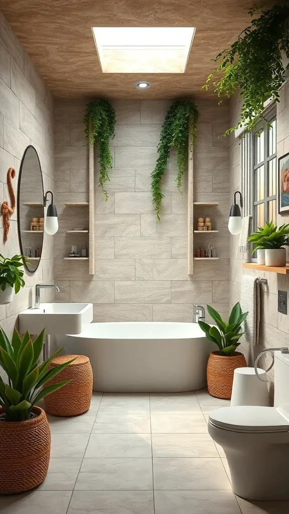 29+ Stunning Bathroom Interior Design Ideas for a Chic Retreat 14 A modern bathroom featuring a large bathtub, greenery, and natural light.