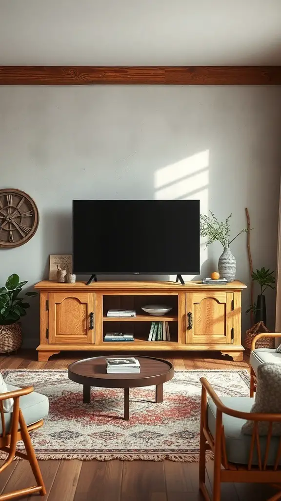 29+ Stunning Boho TV Stands for Your Living Room Makeover 4 Cozy living room featuring a rustic wooden tv stand, round coffee table, and patterned rug.