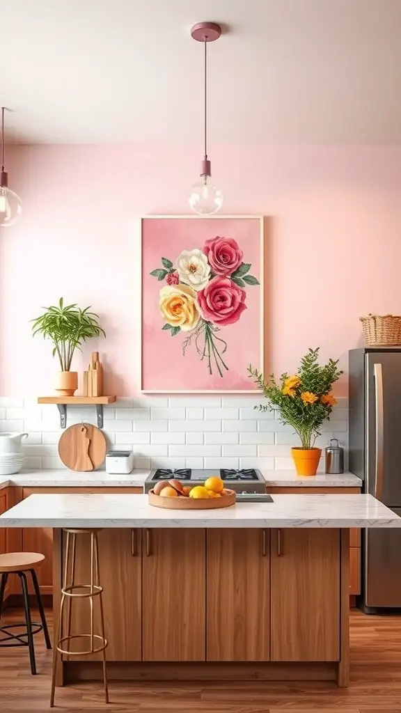 A pink kitchen featuring floral wall art, wooden cabinets, and a marble countertop.