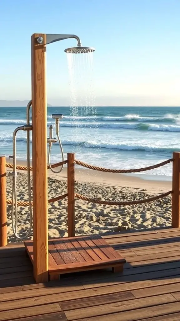 Beachside shower station with wooden frame and ocean view