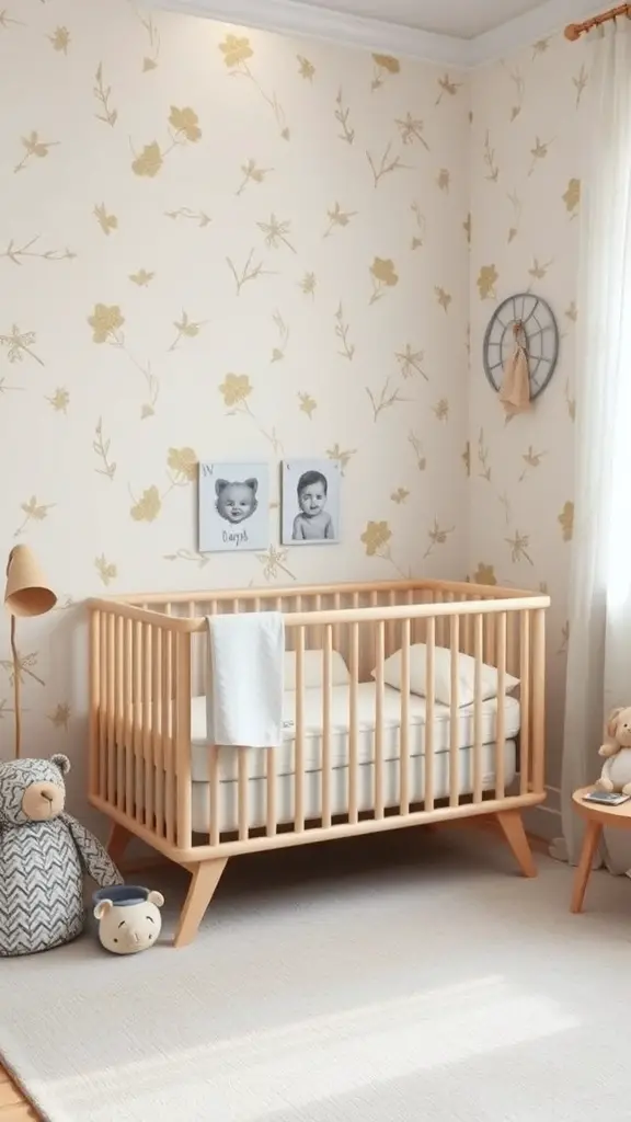 27+ Adorable Neutral Baby Room Ideas to Inspire Your Nursery Design 3 A neutral baby room with floral wallpaper, a wooden crib, and soft toys.