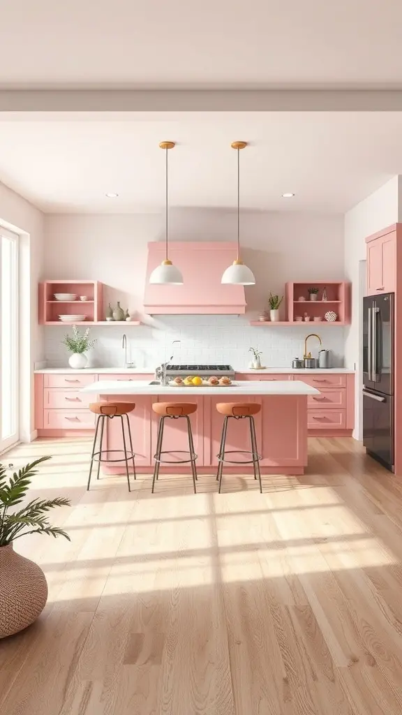 A bright pink kitchen island with bar stools, surrounded by natural light.