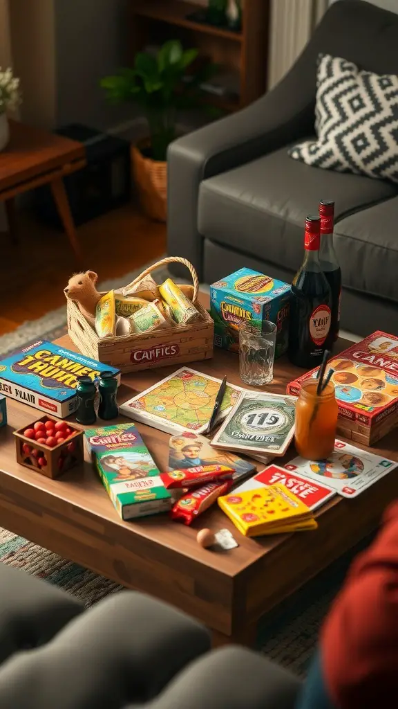 A cozy coffee table setup for game night with various board games, snacks, and drinks.