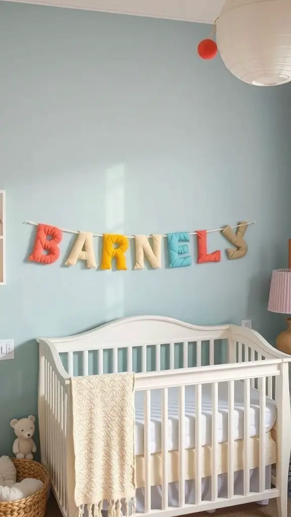A nursery with a crib and a colorful name banner spelling 'BARNEY' on the wall.