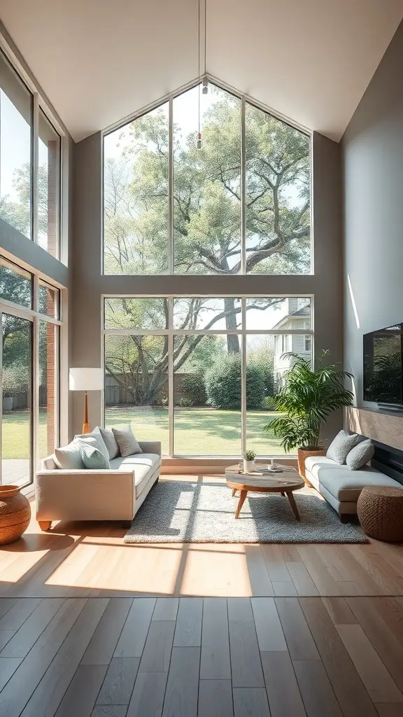 29+ Stunning Family Room Addition Ideas for Your Home 9 Bright family room with large windows allowing natural light and a view of the backyard.