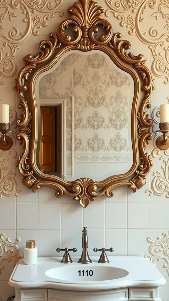 25+ Creative Bathroom Mirror Ideas to Elevate Your Space 3 A vintage bathroom mirror with an intricate gold frame against patterned wallpaper.