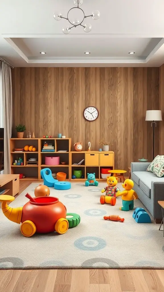 29+ Stunning Family Room Addition Ideas for Your Home 4 A colorful play area in a family room with toys, a soft rug, and organized storage.