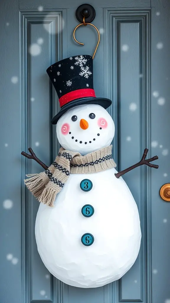 25+ Unique Winter Door Decorations to Brighten Your Home 7 A festive snowman door hanger with a top hat, scarf, and buttons, hanging on a blue door.