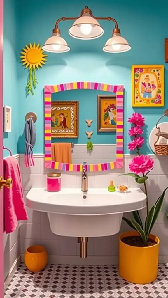 25+ Creative Bathroom Mirror Ideas to Elevate Your Space 5 A colorful bathroom with a striped mirror, blue walls, and vibrant decor.