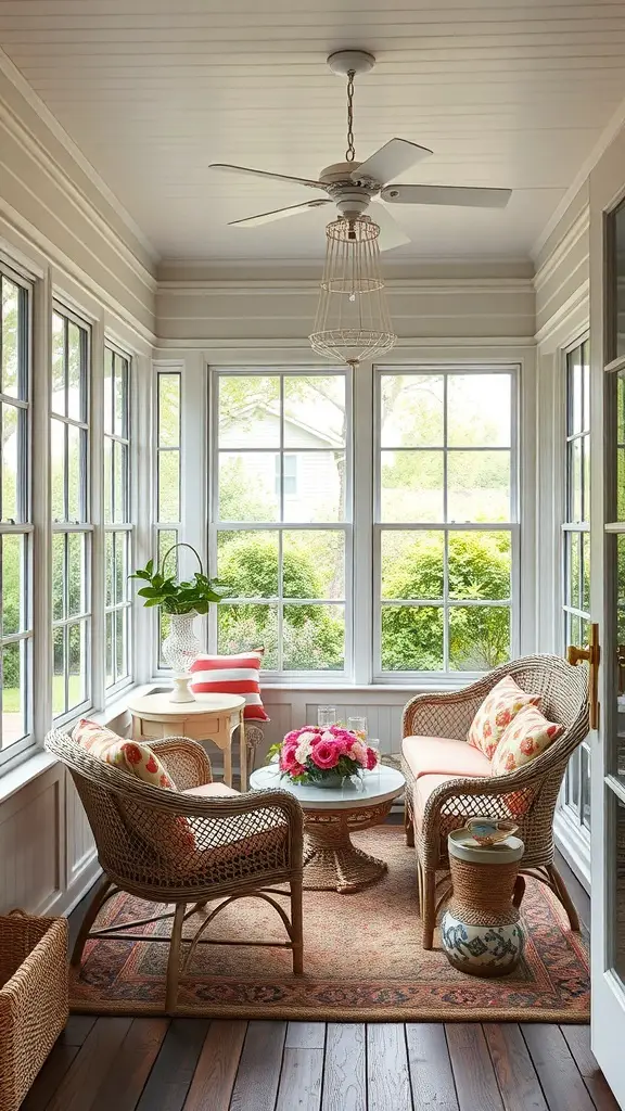 29+ Charming Vintage Sunroom Ideas for a Timeless Retreat 8 A cozy sunroom featuring classic wicker seating with colorful cushions and a round coffee table.