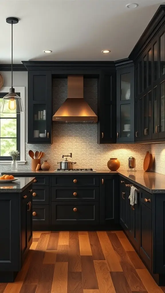 A rustic kitchen with black cabinets, warm lighting, and wooden flooring.