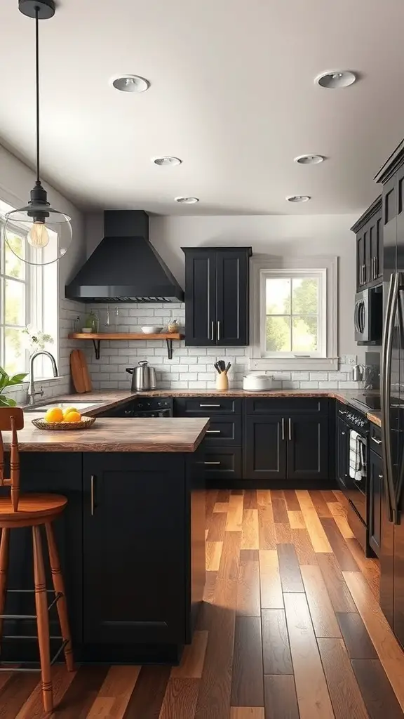 A rustic kitchen featuring black cabinets and warm wooden flooring.