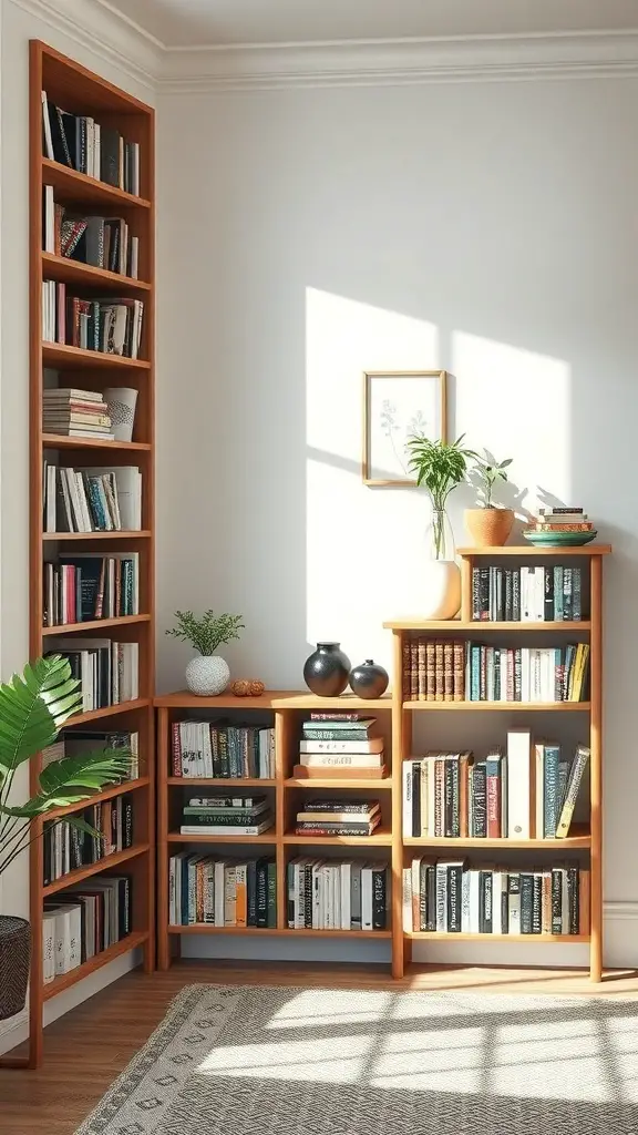 23+ Creative DIY Bookshelf Ideas 9 A cozy corner bookshelf filled with books and decorative items in a well-lit room.
