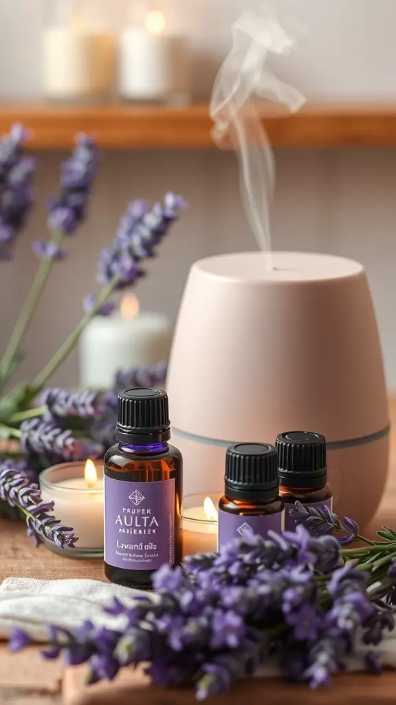 27+ Stunning Lavender Flower Varieties for Your Dream Garden 10 Lavender flowers with essential oils and a diffuser, creating a calming atmosphere.