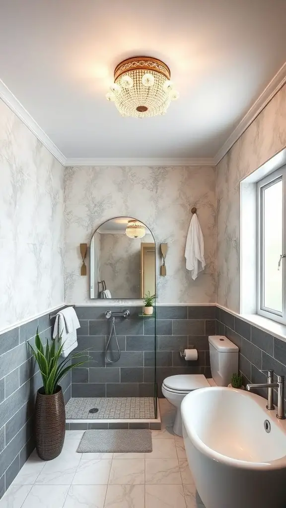 A stylish bathroom featuring a decorative ceiling fixture, modern tiles, and a clean design.