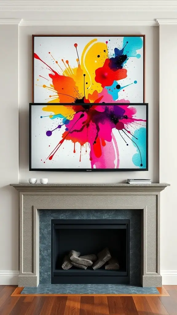 Colorful modern art displayed above a television on a mantle.