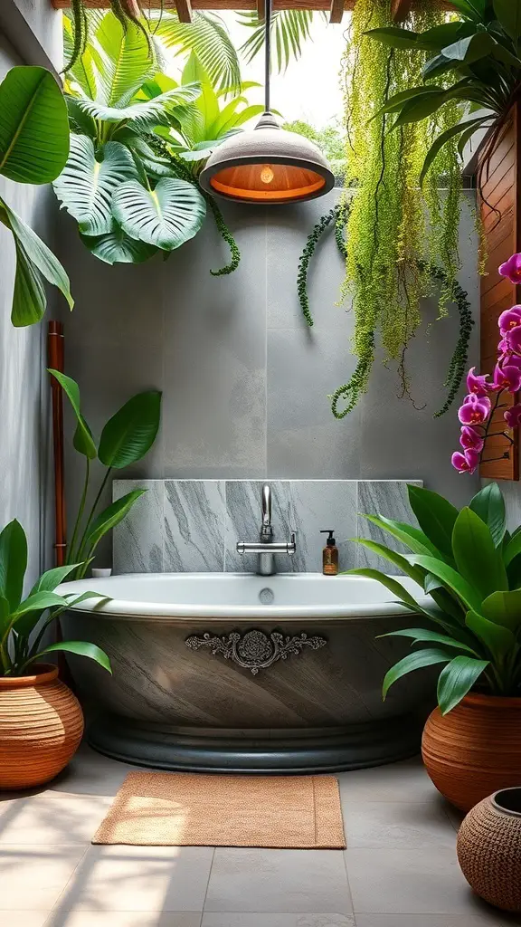 A semi-outdoor bathroom with a bathtub surrounded by lush green plants, including ferns and orchids.
