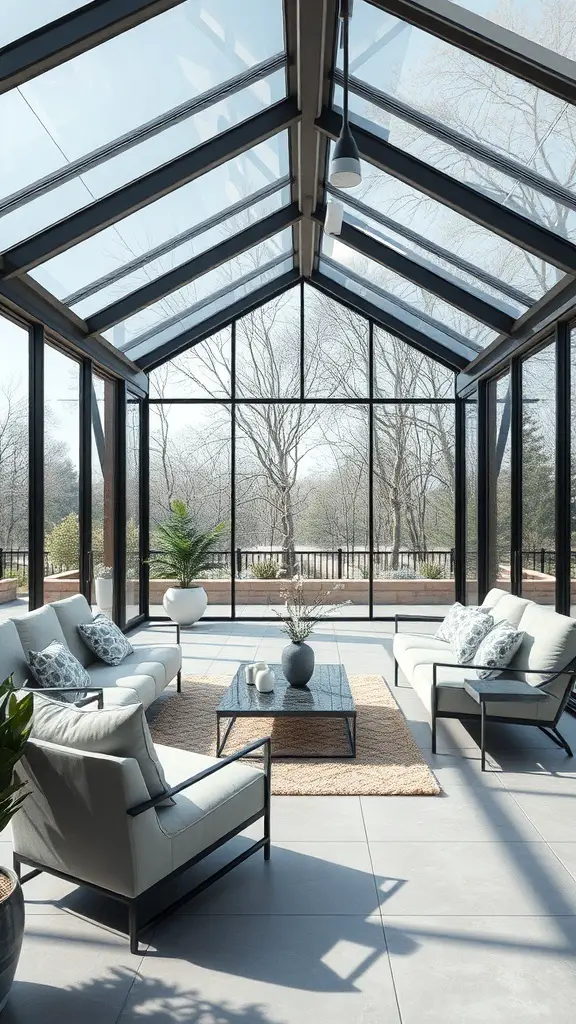 A modern sunroom with large glass panels, minimalist furniture, and natural light.