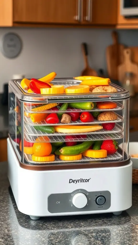 25 Unique Kitchen Gadgets You Didn't Know You Needed 8 Compact food dehydrator with colorful fruits and vegetables