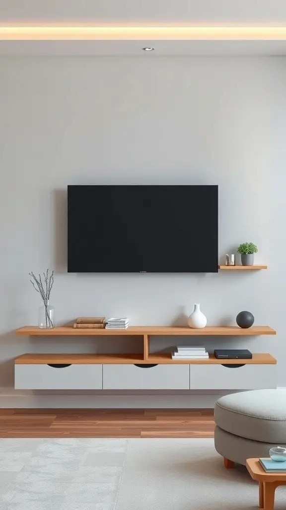Minimalist living room with floating shelves and mounted TV