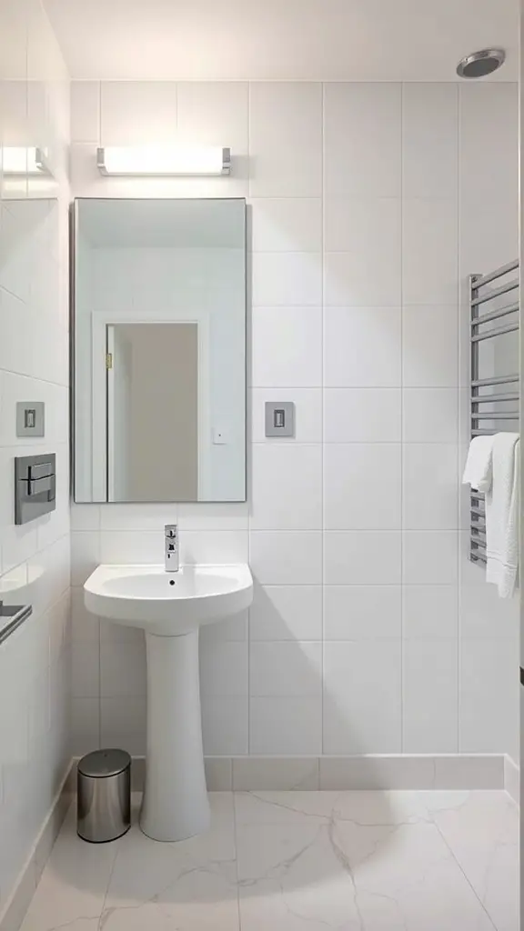 Small bathroom with a large mirror above the sink, bright lighting, and modern fixtures.