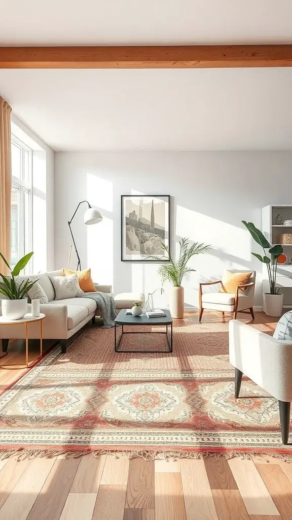 A stylish living room featuring layered rugs, light furniture, and plants.