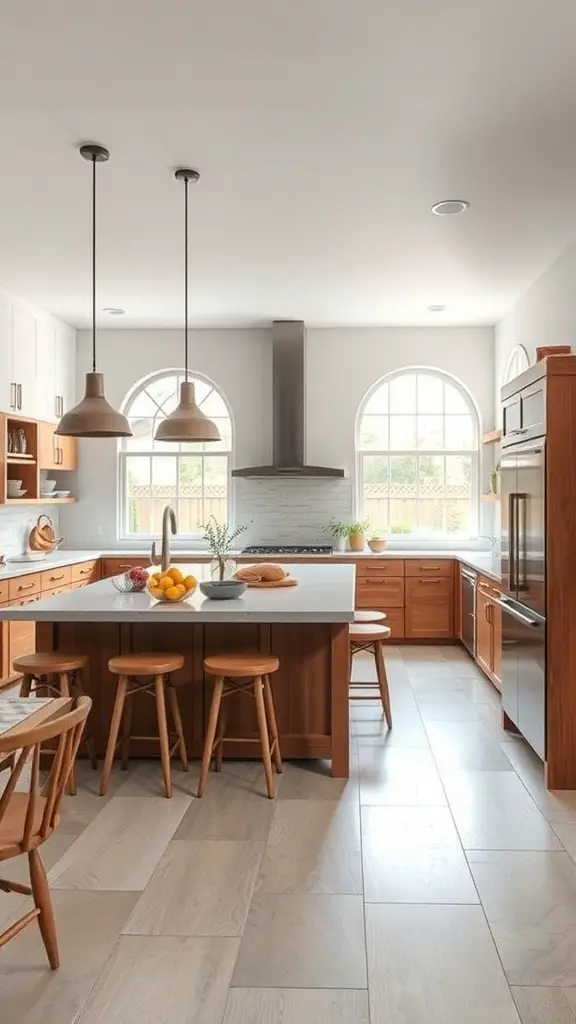A bright and inviting open concept kitchen with wooden cabinets, a central island, and large windows.