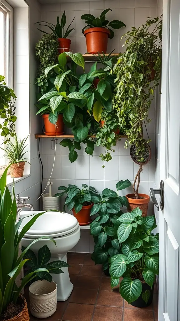 A small bathroom filled with various indoor plants in terracotta pots, creating a fresh and lively atmosphere.