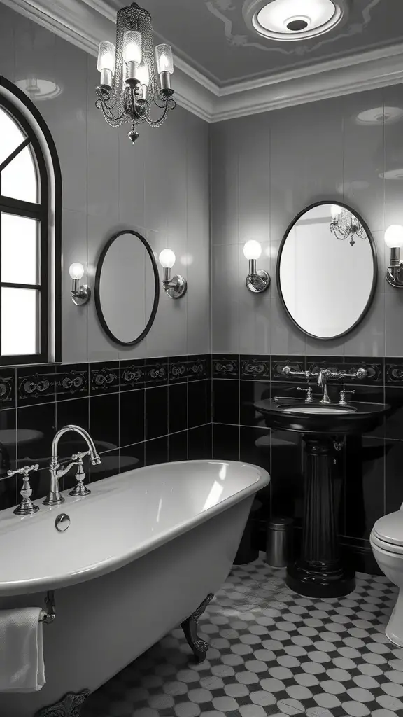 23+ Stunning Black and White Bathroom Ideas You'll Love 2 A black and white bathroom with Art Deco inspired accents, featuring a freestanding bathtub, elegant chandelier, and round mirrors.