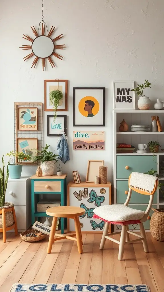 A cozy bohemian decor setting featuring funky painted furniture, wall art, and plants.