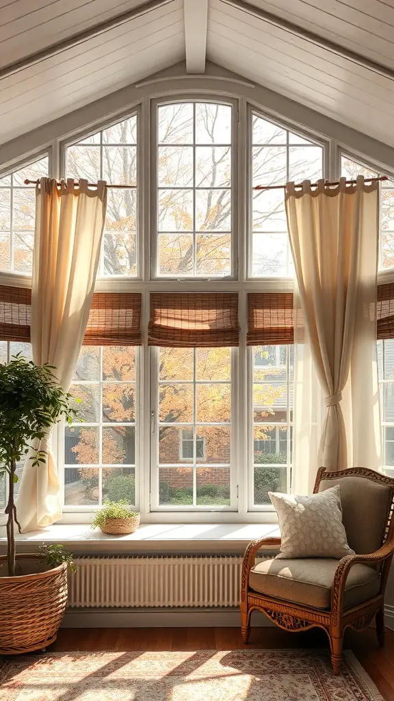 29+ Stunning Sunroom Curtain Ideas to Brighten Your Space 14 A sunroom with large windows, light curtains, and a cozy chair, showcasing seasonal decor ideas.