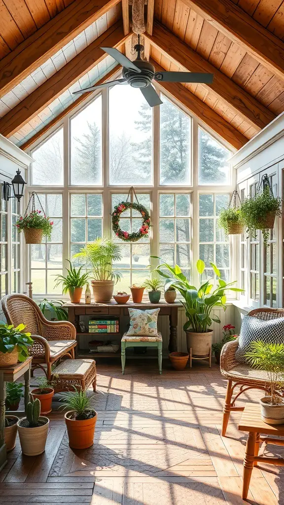 27+ Cozy Cottage Sunroom Ideas You’ll Love 2 A bright and cozy sunroom with wooden beams, large windows, and various plants in pots.