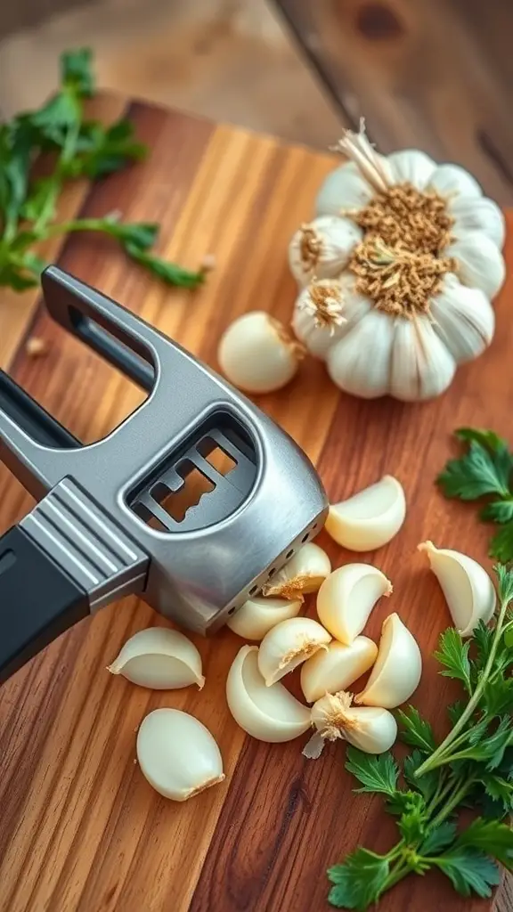 25 Unique Kitchen Gadgets You Didn't Know You Needed 16 An ergonomic garlic press on a wooden cutting board with garlic cloves and parsley.