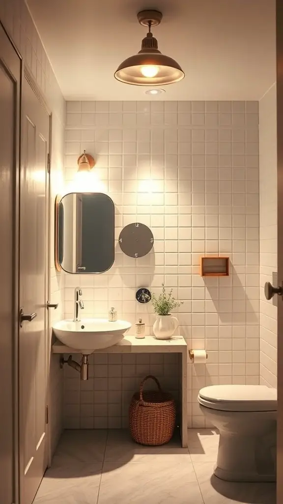 A mid-century modern bathroom featuring vintage lighting fixtures, a round mirror, and a stylish sink.