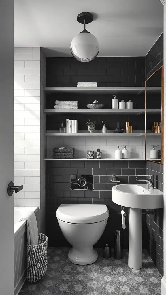 23+ Stunning Black and White Bathroom Ideas You'll Love 16 A modern bathroom featuring open shelving with black and white decor, showcasing towels and decorative items.