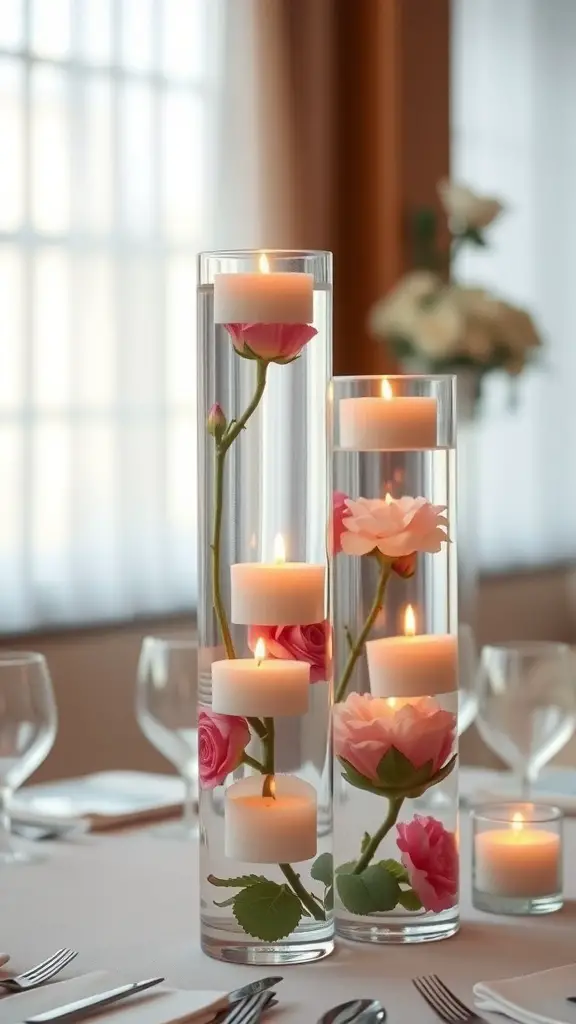 Two glass cylinder towers with floating candles and flowers as centerpieces on a dining table.