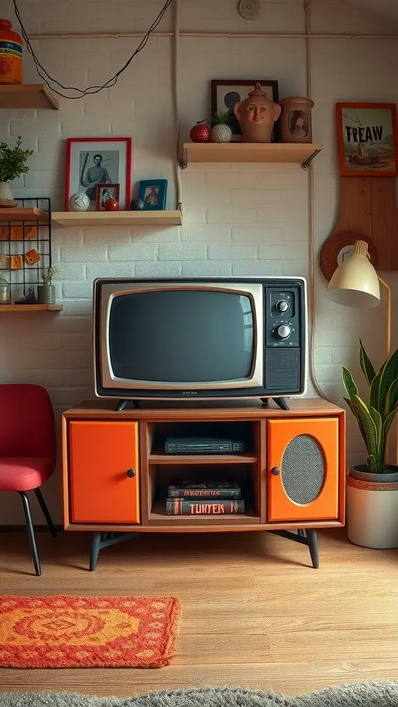A vintage orange TV stand with a retro television, surrounded by decorative items and a cozy rug.