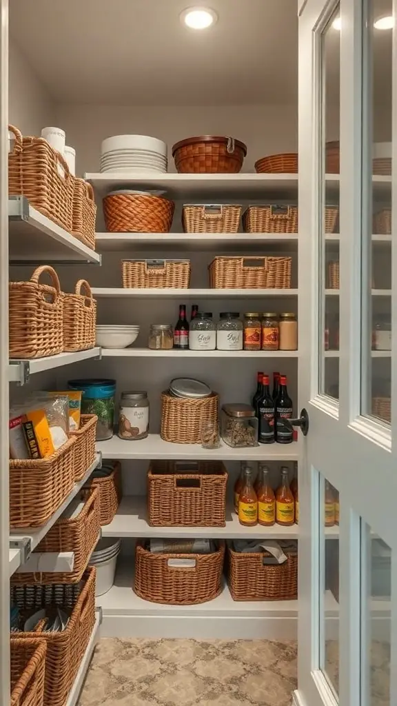 Organized kitchen pantry with various baskets on shelves
