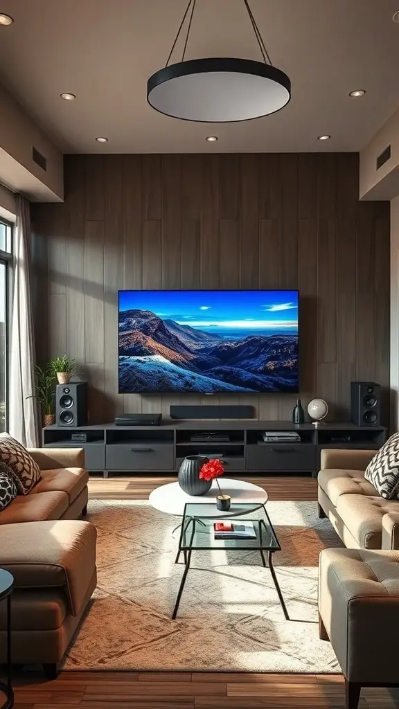 29+ Stunning Family Room Addition Ideas for Your Home 2 Modern family room with a large TV, comfortable seating, and stylish decor.