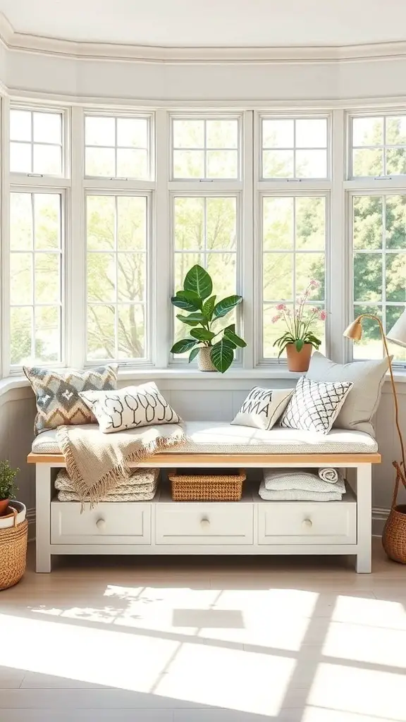 25+ Stylish Sunroom Furniture Ideas for a Cozy Retreat 14 A cozy multi-functional storage bench in a sunroom with pillows and plants.