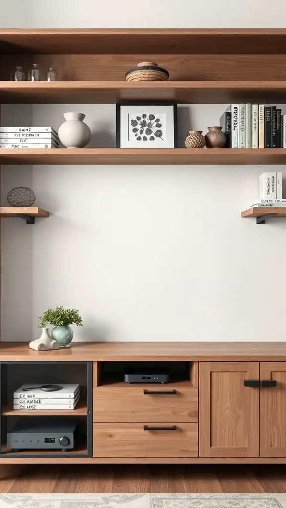 27+ Creative TV Stand Decor Ideas 13 A wooden TV stand with open shelving displaying decorative items and books.