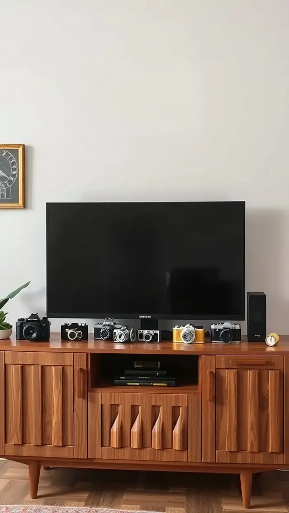 A wooden TV console displaying a collection of vintage cameras, with a TV above and a plant on the side.