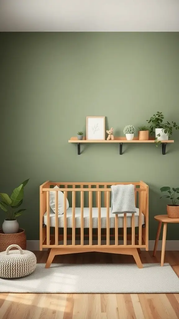A serene sage green nursery featuring a wooden crib, plants, and natural decor.