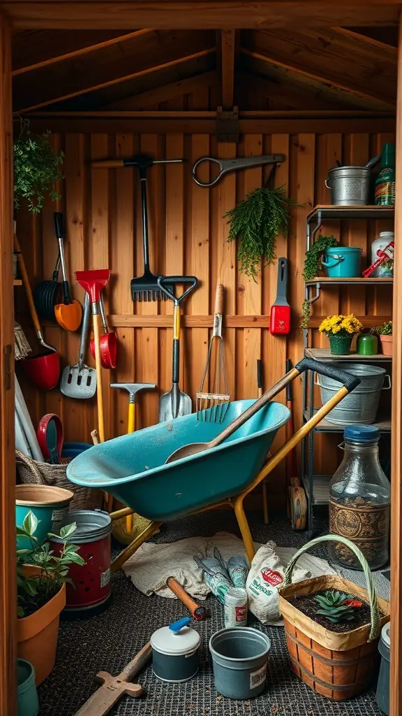 A garden shed corner with a blue wheelbarrow and various gardening tools and pots.