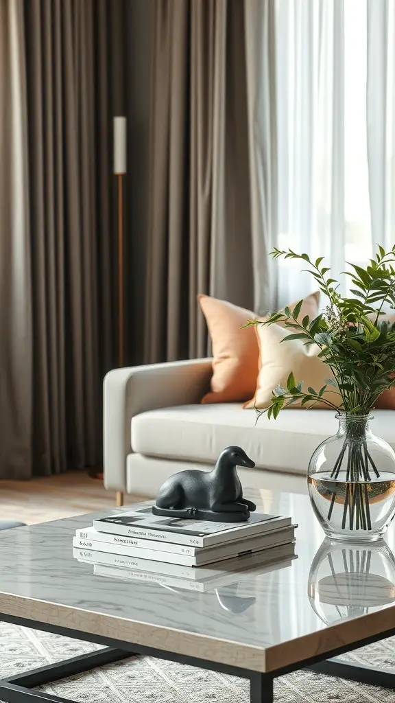 A stylish coffee table featuring a black sculpture, stacked books, and a glass vase with flowers.
