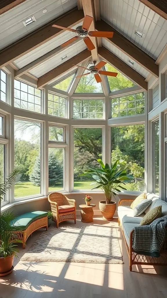 Bright sunroom with large windows, ceiling fans, and plants.