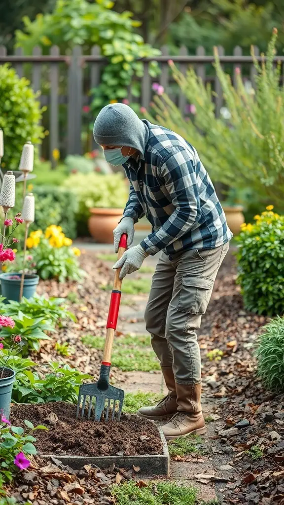 A person using a garden rake in a well-maintained garden.